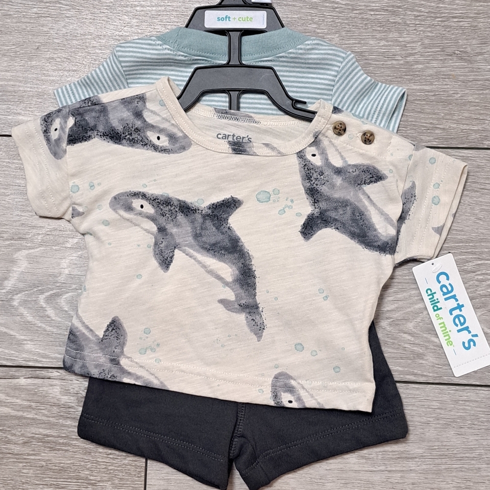 New Carter's 3 Piece Whale Print And Pin Stripe Onesis With Shorts Baby Outfit